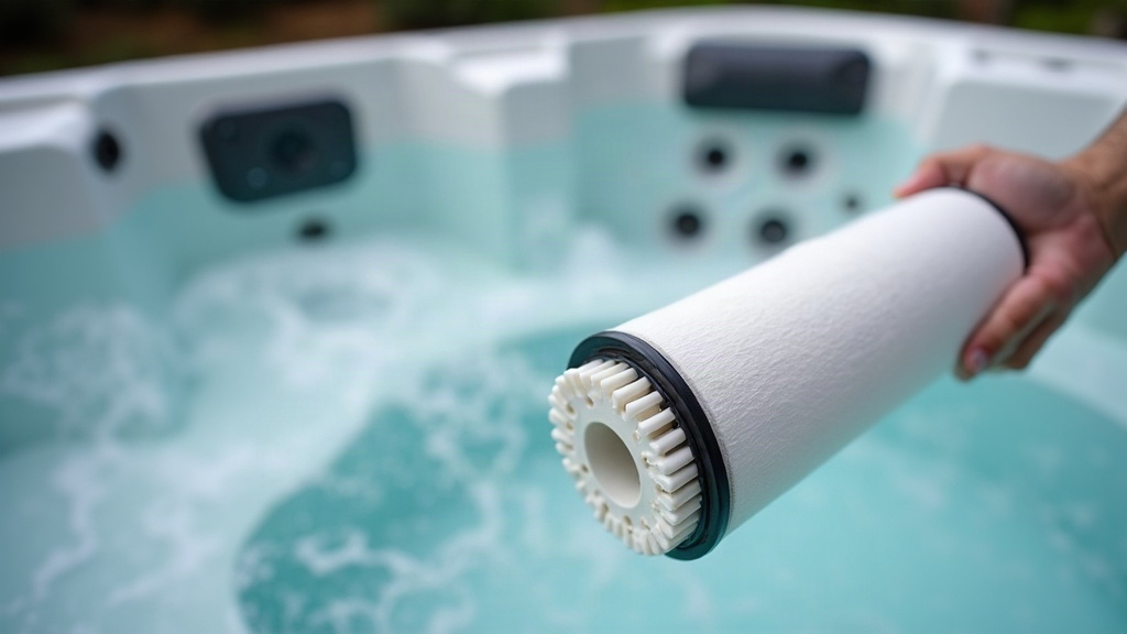 Hot tub filter cartridge being inspected next to the filtration cycle housing
