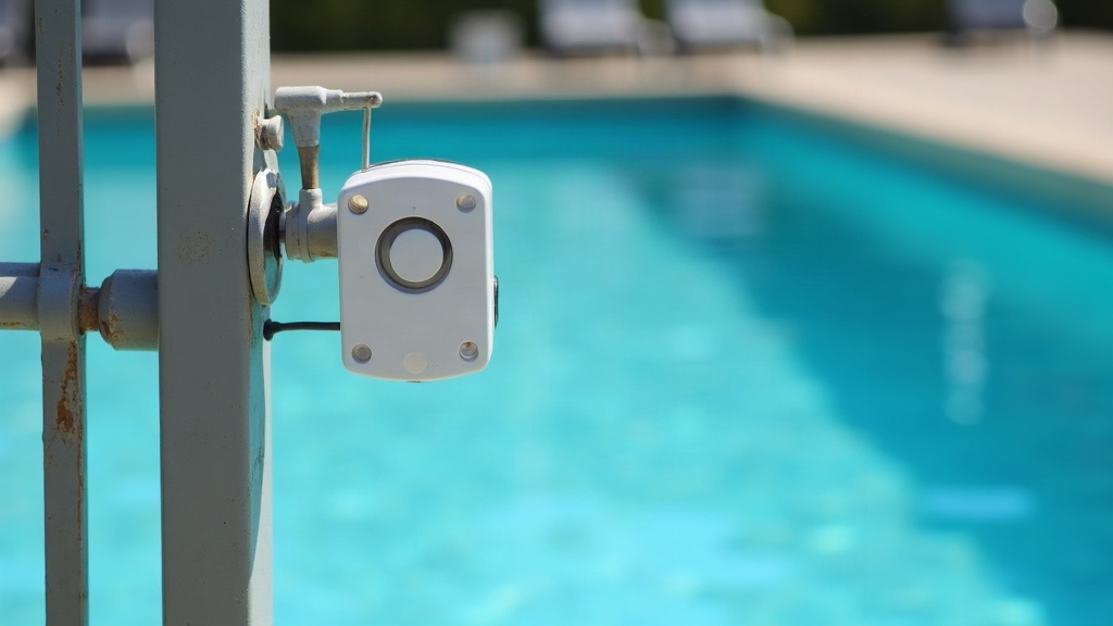 Gate alarm sensor attached to a pool fence latch near the water