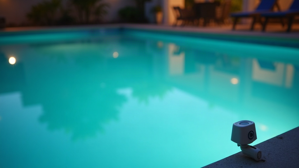 Pool alarm device mounted on the deck edge of a still, empty swimming pool