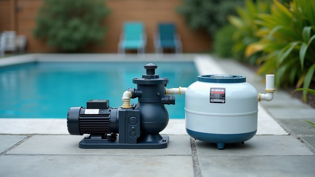 Pool equipment pad showing pump, filter and heater connected by pipes and valves
