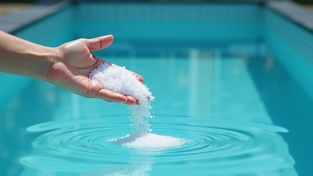 Pool salt granules beside still water in a saltwater pool, illustrating how salt is converted to chlorine