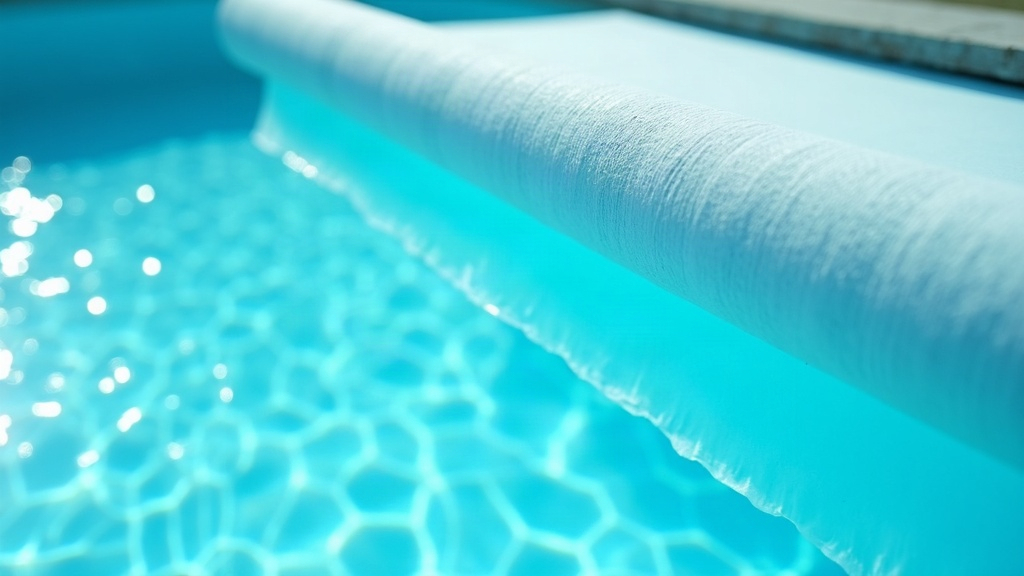 A solar cover rolled onto a poolside reel next to a calm swimming pool