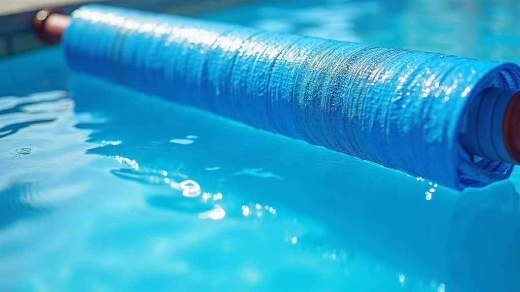 A rolled solar cover beside a pool, showing the bubble texture that differs from a solid winter cover