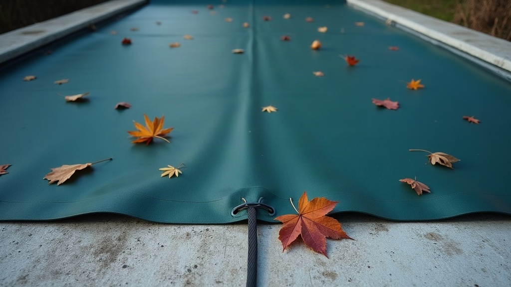 A winter pool cover stretched over an in-ground pool with leaves resting on the surface
