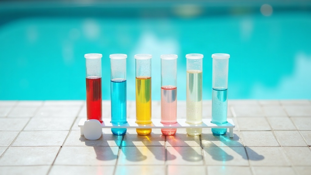 Pool water test kit used to check for chlorine lock causes near a swimming pool