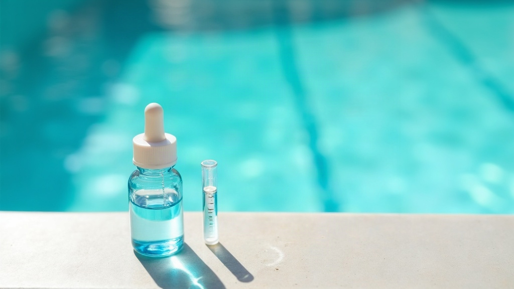 Test strips and water sample used to measure cyanuric acid stabiliser levels in a pool