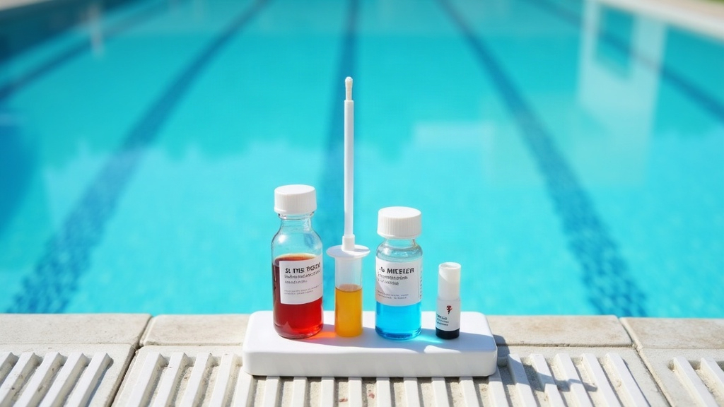 Pool water test kit used to check cyanuric acid and chlorine levels beside a still pool