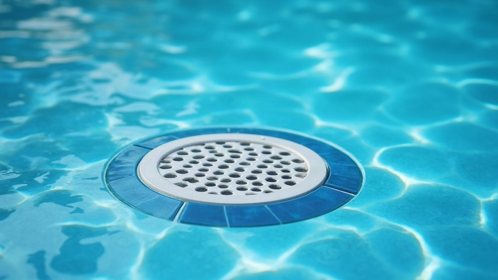 Modern anti-entrapment drain cover set into the floor of a still swimming pool