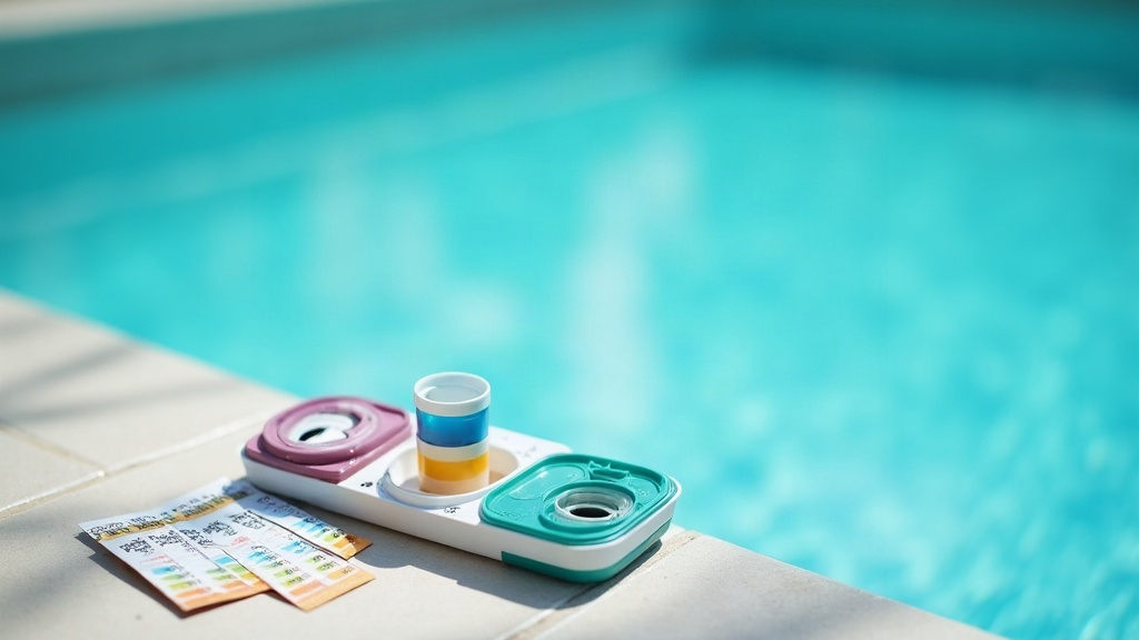 Pool water test kit used to check pH resting beside a calm swimming pool