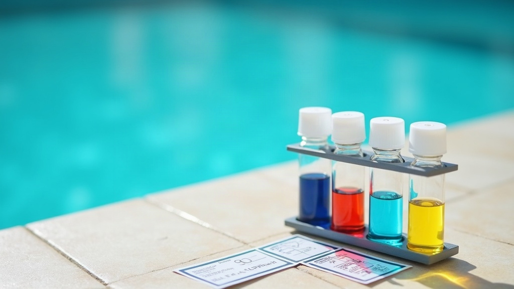 Pool water test kit vials used to check phosphate and other water chemistry levels beside a pool