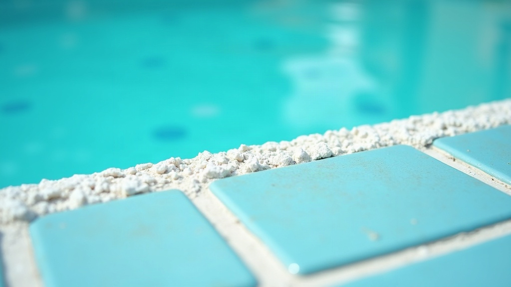 Chalky white scale deposit built up along a pool tile waterline