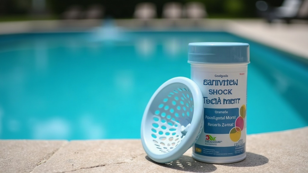 Granular pool shock product and skimmer basket at a pool equipment pad