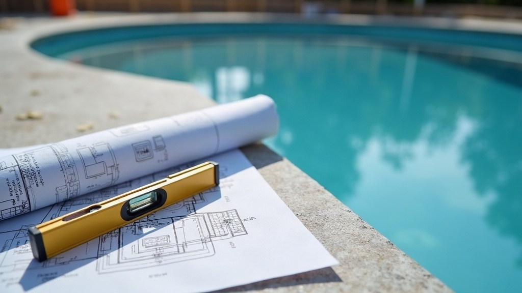 Blueprint and level tool at the edge of an unfinished pool shell during construction