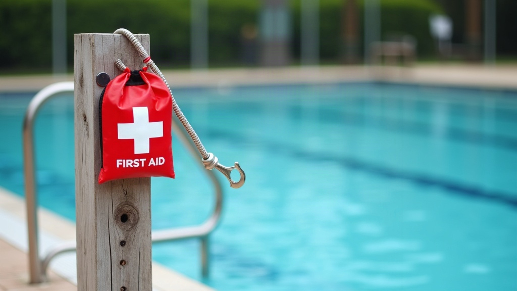 Reaching pole and first aid kit as part of a pool area first aid setup