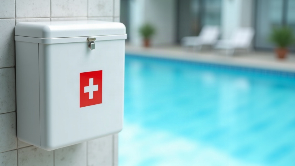 Wall-mounted first aid kit near a pool area first aid setup station