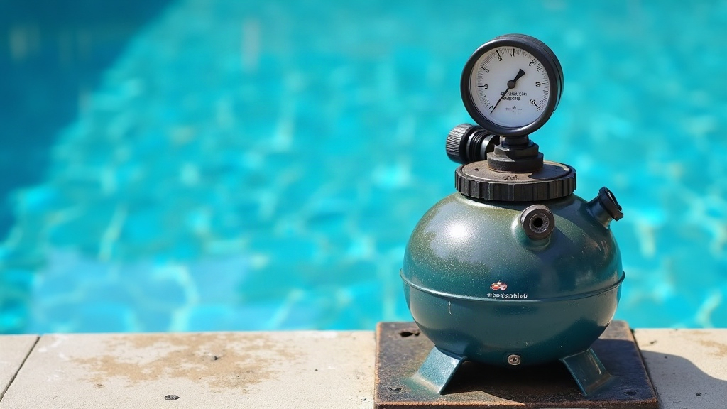 Older pool pump and filter equipment pad showing wear, relevant to checking a pool before buying a house