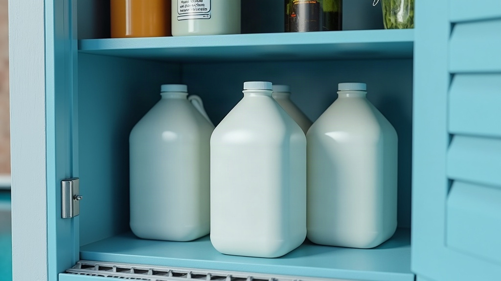 Pool chemical storage containers kept separate on a shelf in a ventilated equipment shed