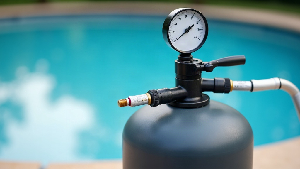 Pool filter tank and pressure gauge on an equipment pad showing when a filter needs cleaning rather than backwashing