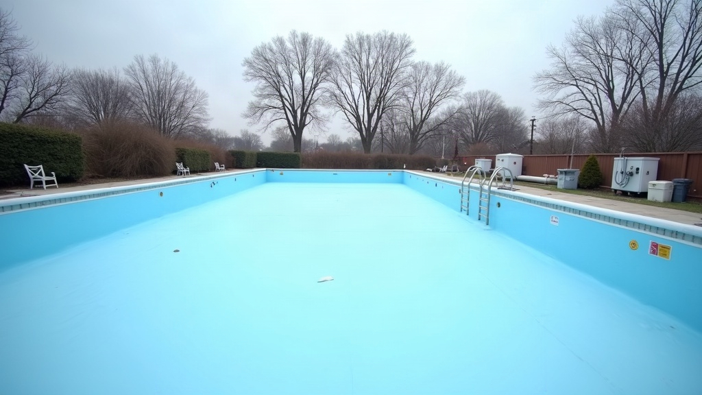 Winterized pool equipment pad with capped pipes and a covered pool in the background during closing season