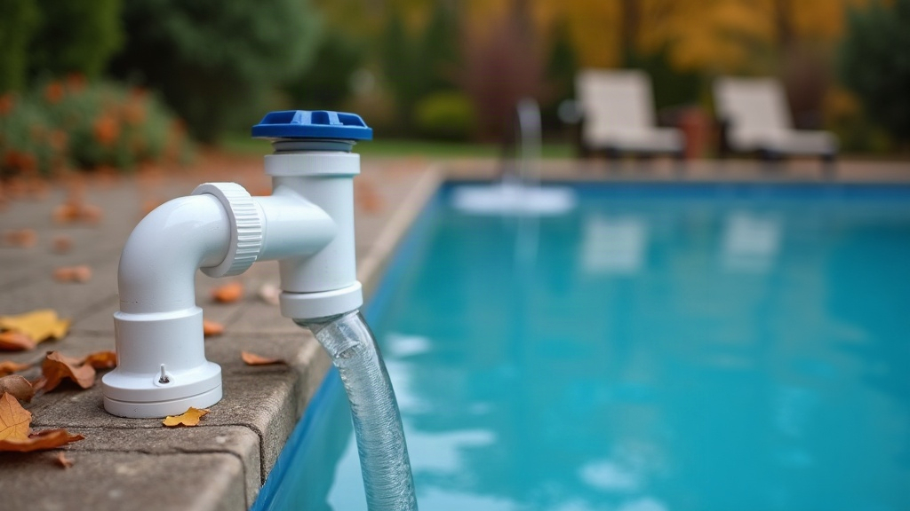 Pool plumbing pipes and a winterizing plug at an equipment pad, showing the setup for blowing out the lines before closing