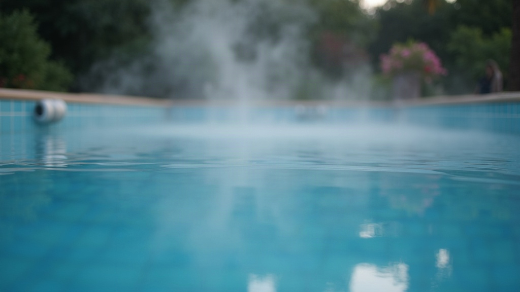 Steam rising off a still pool surface, showing heat loss that explains why pool heaters take so long to warm a pool