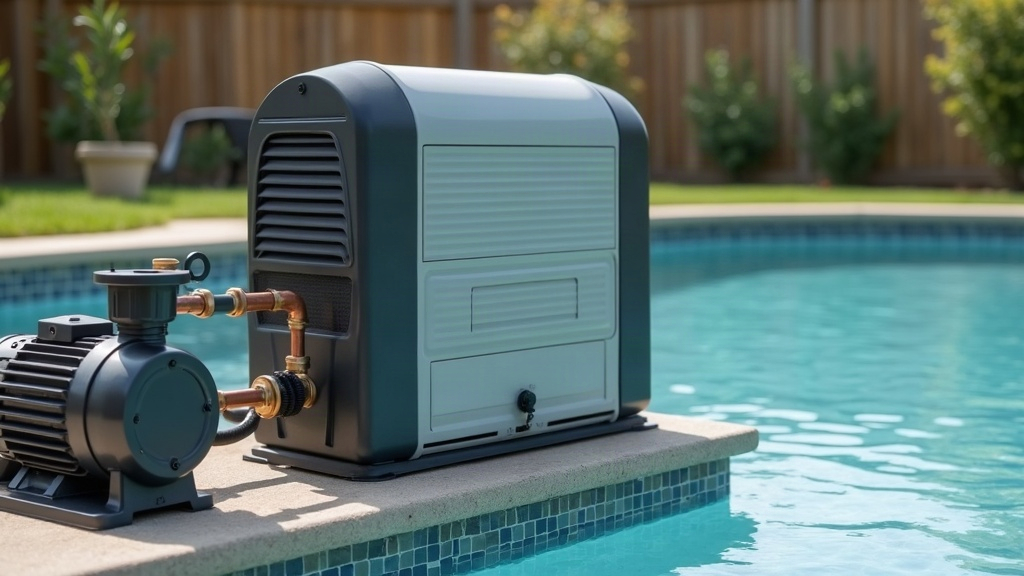 Pool heater unit on an equipment pad connected to pipework, illustrating why pool heaters take so long to warm a pool