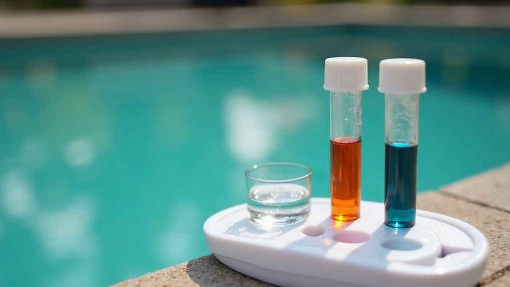 Testing green pool water with a test kit after opening the pool