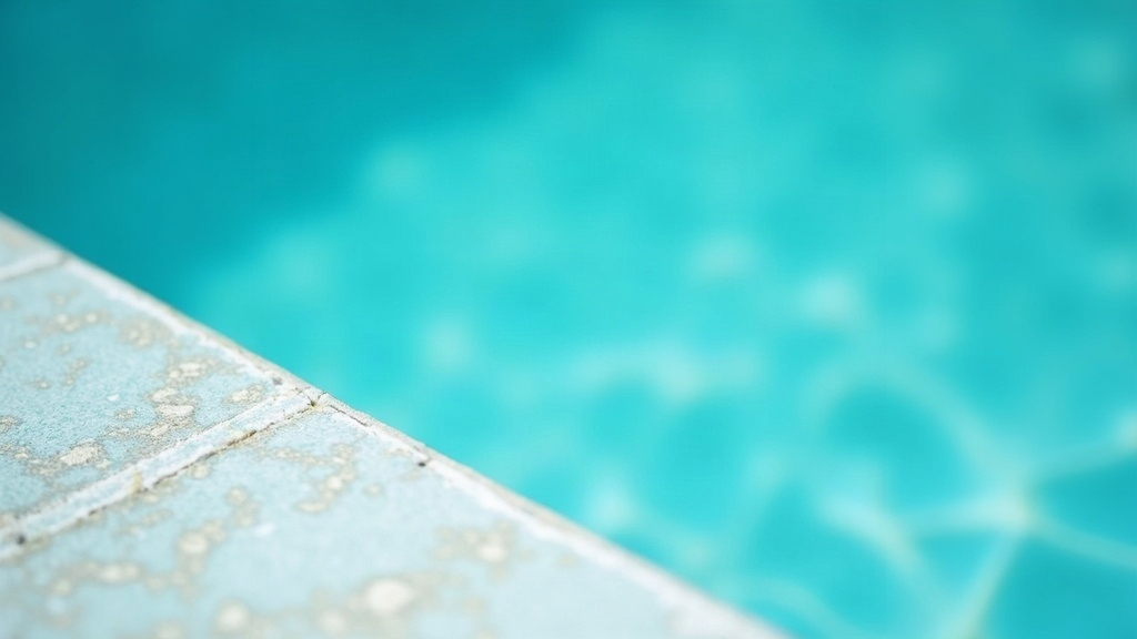 White calcium scale forming along a tiled pool waterline where calcium hardness is out of balance