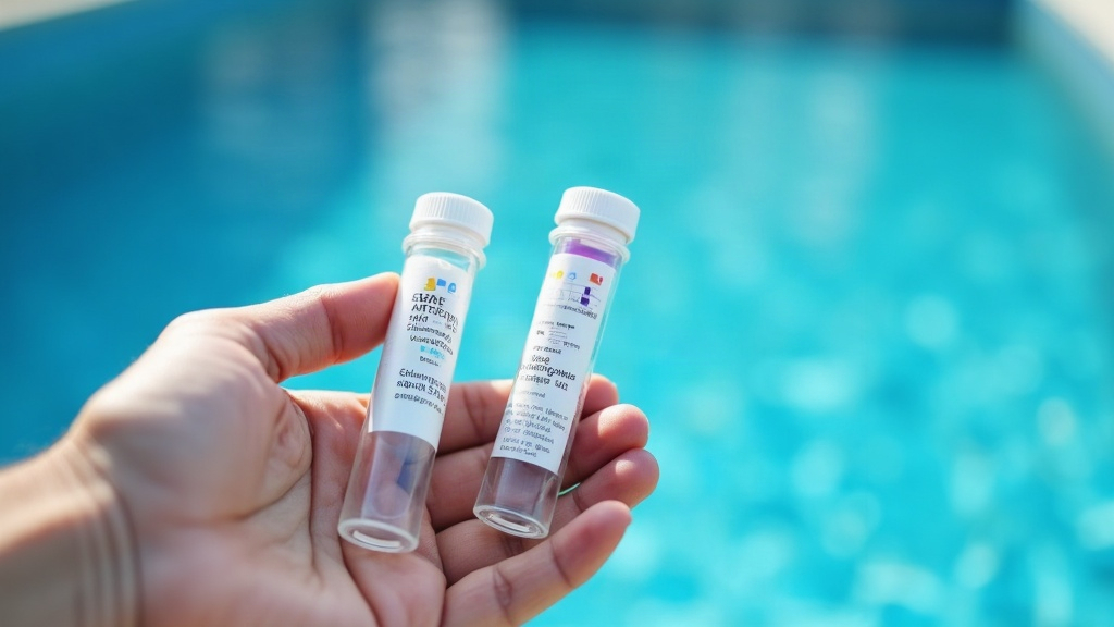 Pool test kit vials beside calm water illustrating why a pool smells of chlorine when chlorine is low