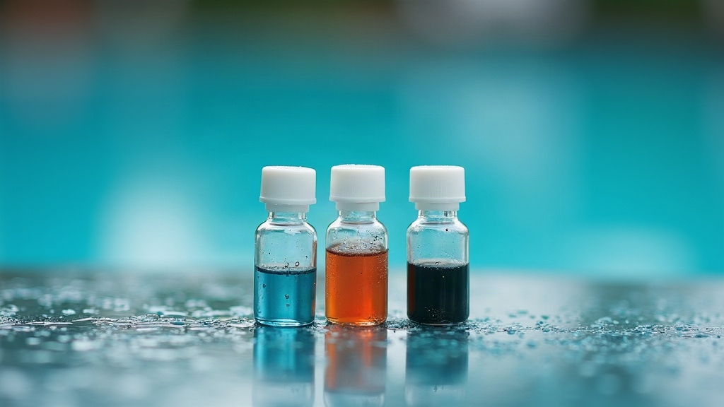 Pool water test kit vials used to check chemistry changes after rain