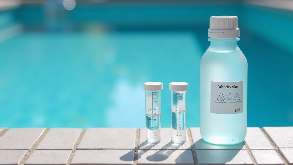 Pool test kit and sealed chemical container beside still water, showing safe separate handling of pool chemicals