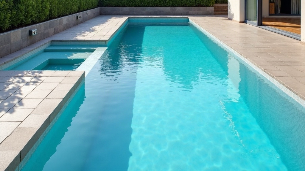 A narrow lap pool and a small square plunge pool side by side showing the size difference between the two pool types
