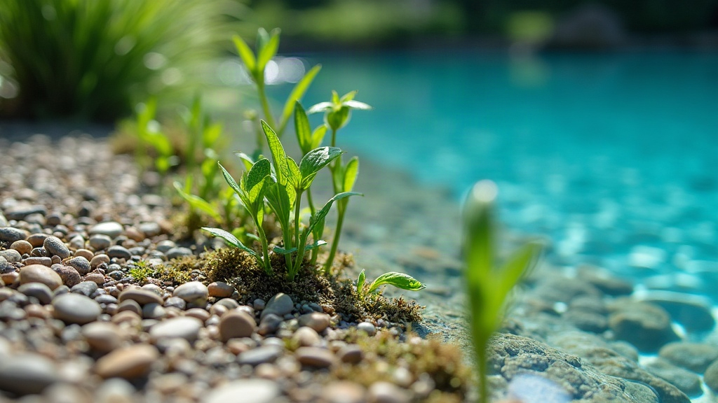 Regeneration zone of a natural or biological pool with plants and gravel filtering water before it reaches the swim area