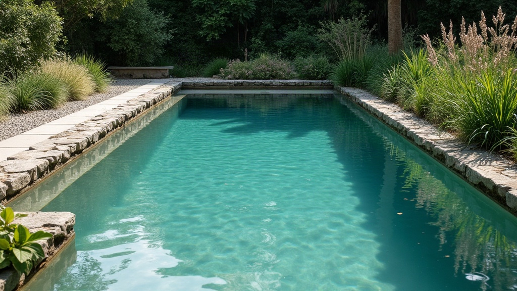 Natural or biological pool showing the open swim zone next to a planted regeneration zone with gravel and reeds